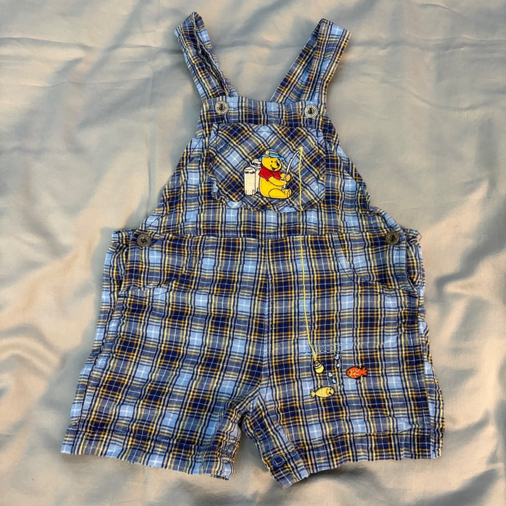 Rare Vintage Disney Winnie the Pooh "Fishing" Plaid Overalls –‎ Size 6/9 Months